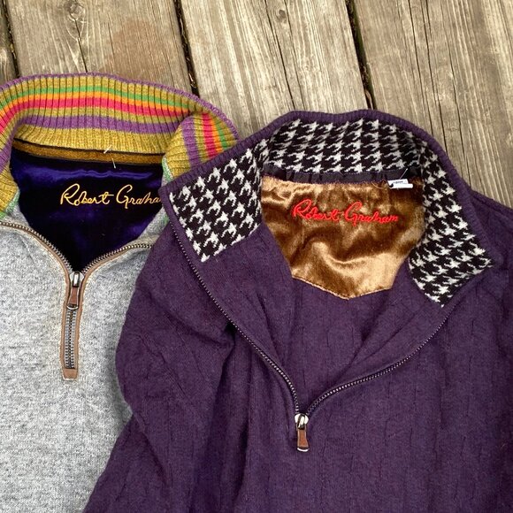 LOT OF 2 100% Wool Robert Graham Stretch Knit 1/4 Zip Sweater XL Gray Purple - Picture 1 of 15